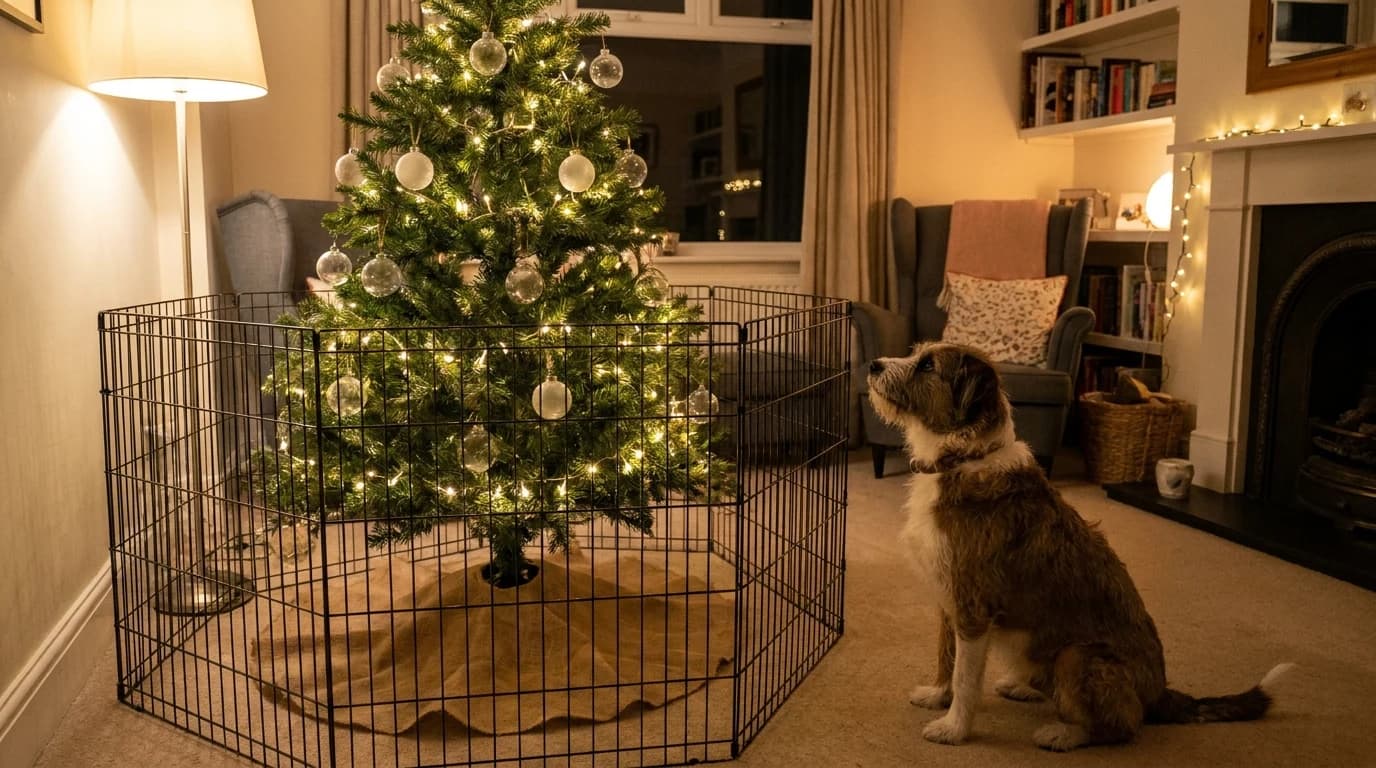 A decorated Christmas tree ringed by a black metal exercise pen, the stand hidden under a tree skirt, while a mixed-breed dog sits outside looking up.