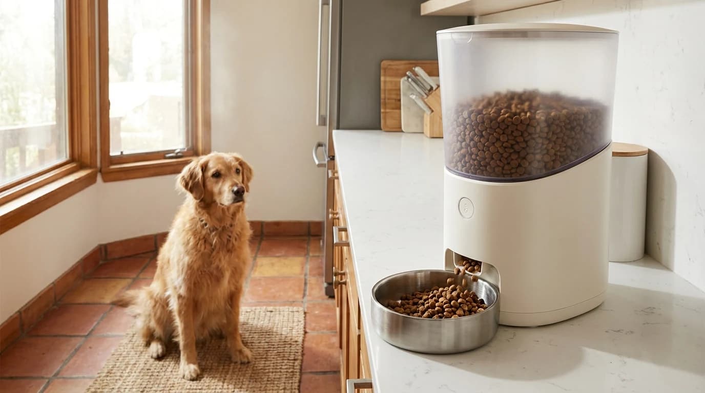 A countertop automatic dog feeder with a clear kibble hopper dispensing into a stainless steel bowl while a medium-sized dog waits nearby on a kitchen floor.