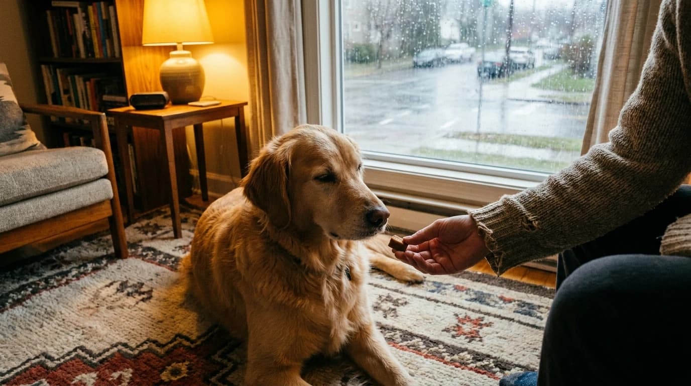 A soft brown calming chew held in an owner's hand in front of a relaxed dog lying on a living room rug during a rainstorm.