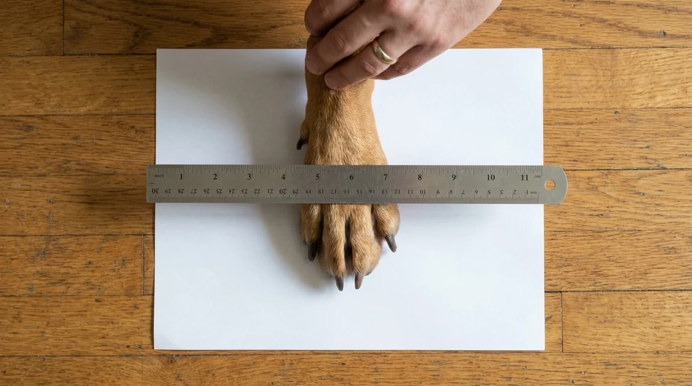 A dog's front paw standing flat and bearing weight on a sheet of paper, with a ruler laid across the widest point of the spread toes.