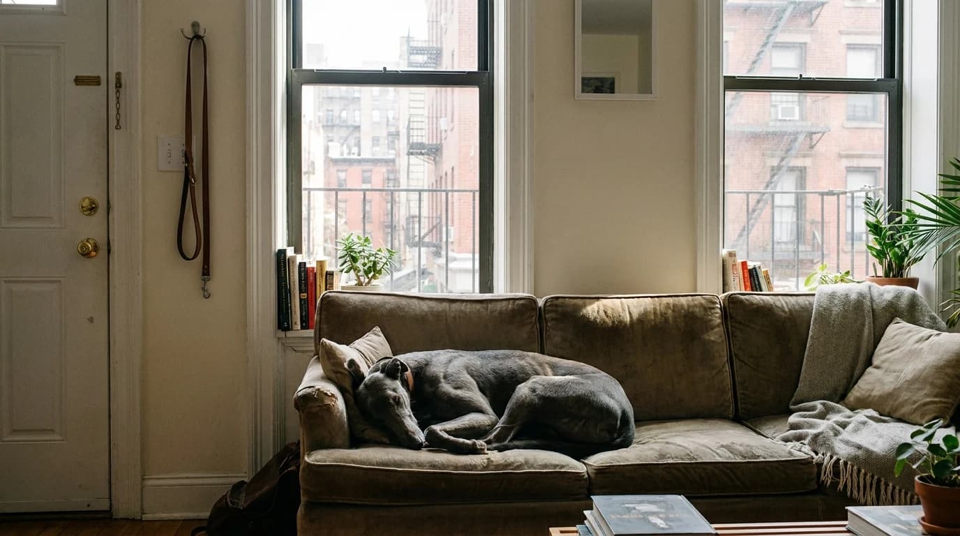 A large grey greyhound asleep on a sofa in a compact sunlit city apartment with a leash hanging by the door.