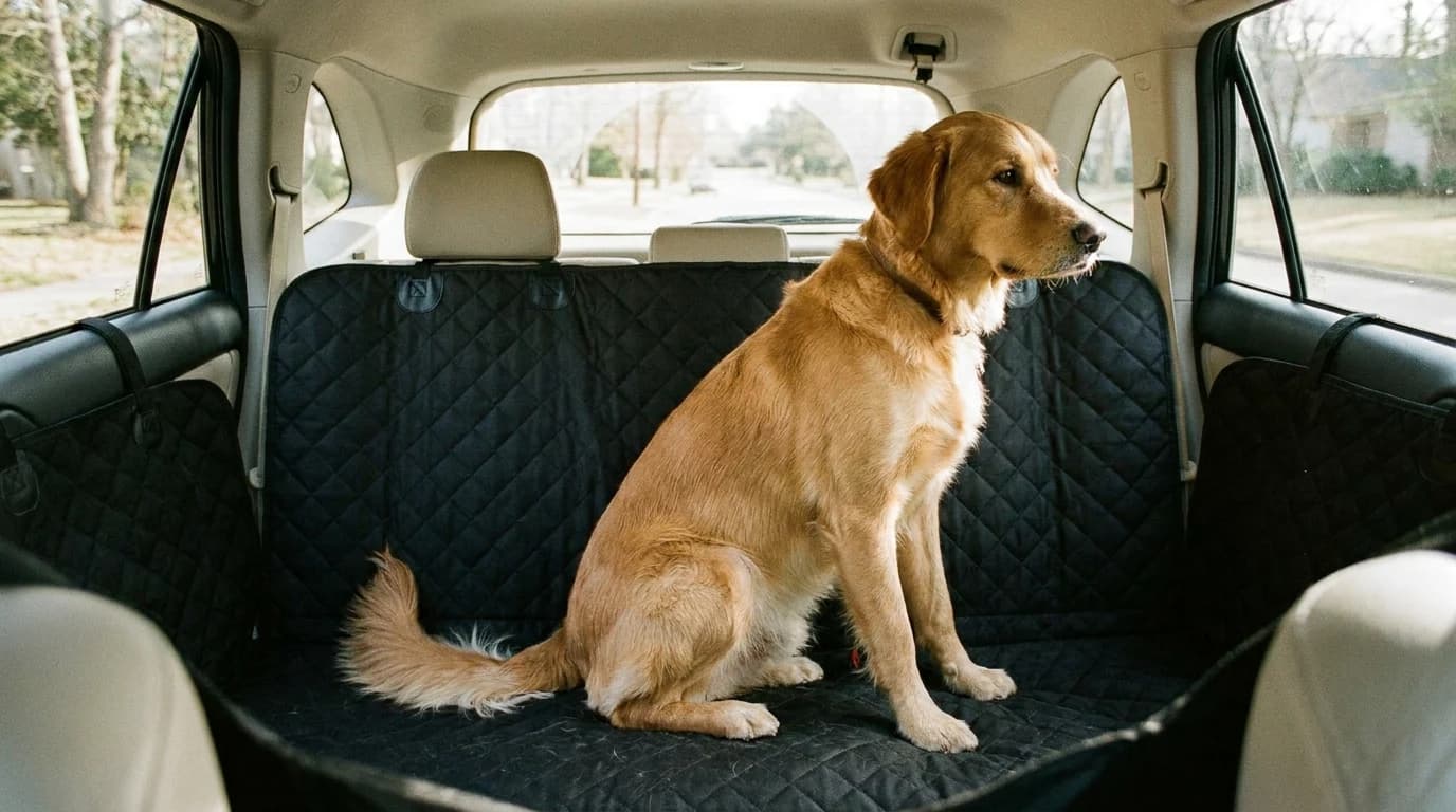 A large dog sitting on a black waterproof hammock-style seat cover stretched across a car's back seat, side flaps covering the door panels.