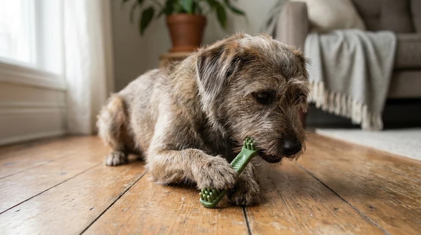 A medium-sized dog lying on a wooden floor chewing a green toothbrush-shaped dental chew held between its front paws.