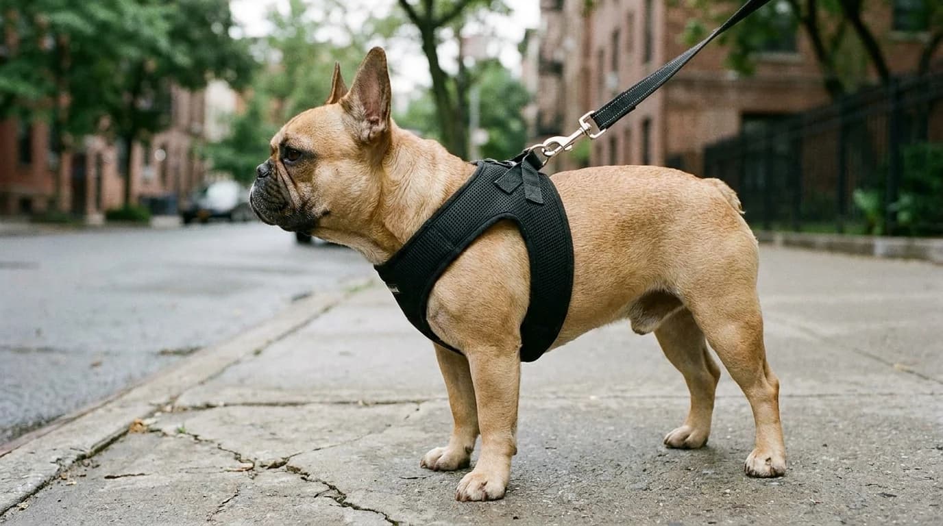 A French Bulldog standing in profile wearing a padded mesh step-in harness with the chest panel sitting low across the barrel chest, well clear of the throat.