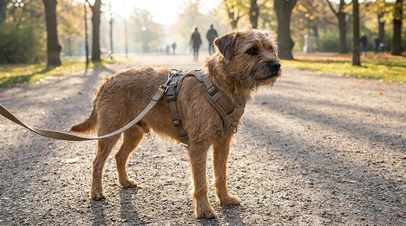 A medium-sized dog standing on a park path in a padded dual-clip harness, with the front chest D-ring and the back D-ring both visible and a leash clipped to the chest ring.