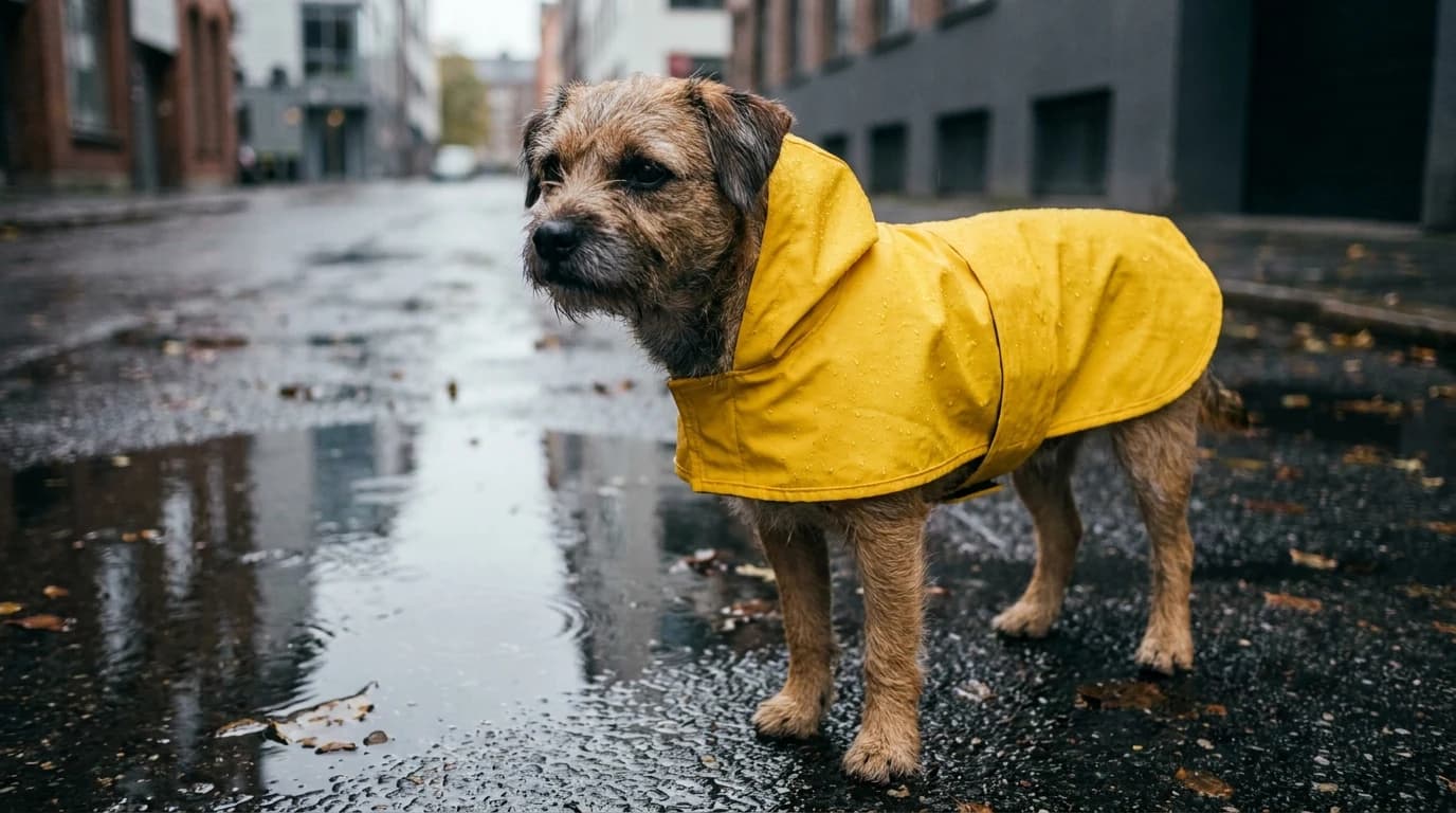 A short-coated dog wearing a fitted waterproof jacket standing on a wet pavement during light rain.