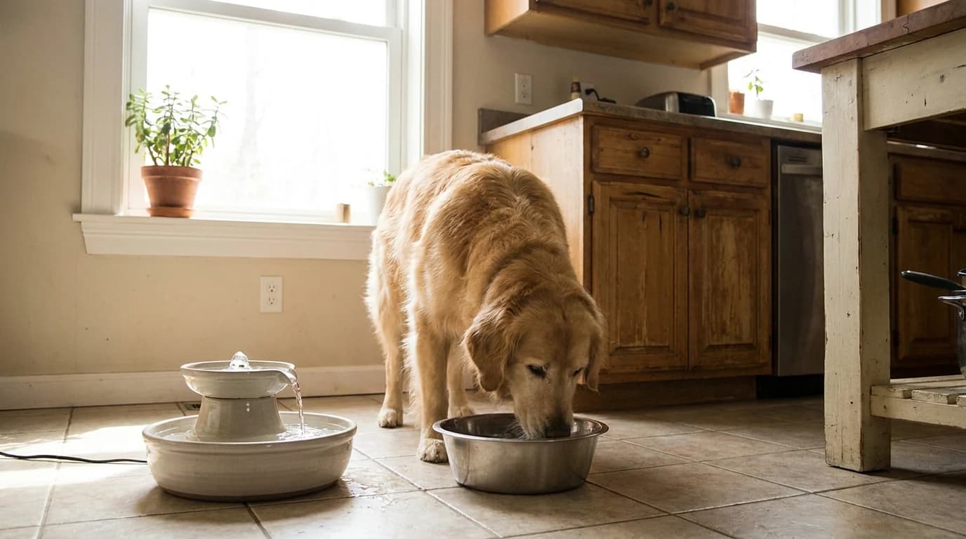 A large dog drinking from a stainless steel bowl set on a kitchen floor beside a two-tier pet water fountain.