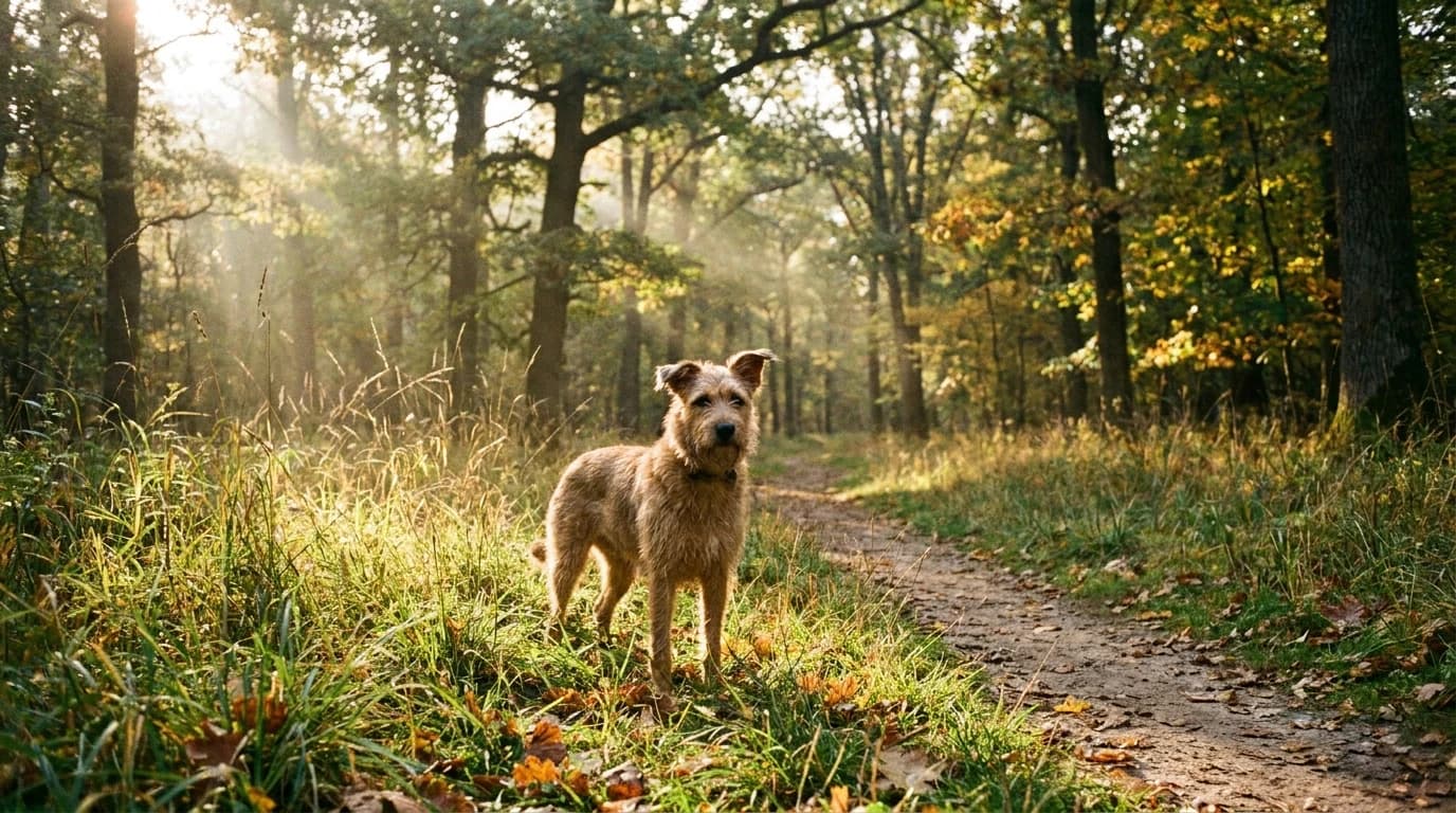 A dog standing in tall grass at the edge of a wooded trail in late afternoon light.