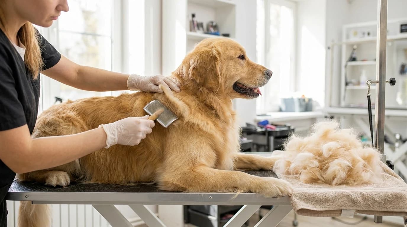 A groomer parting a double-coated dog's fur in sections with a slicker brush on a grooming table.