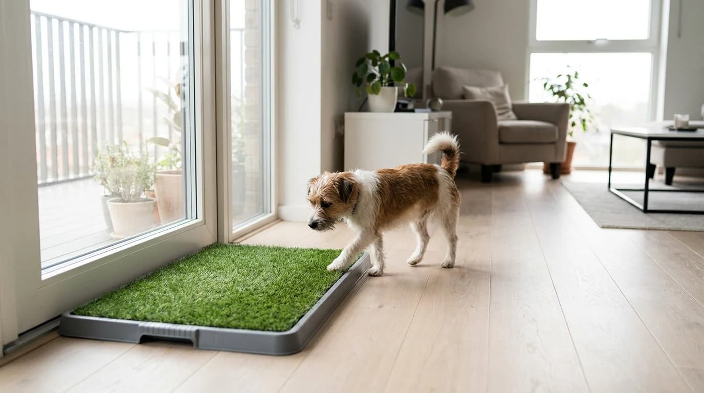 An artificial grass potty pad with a drainage tray positioned beside a balcony door in a bright apartment.