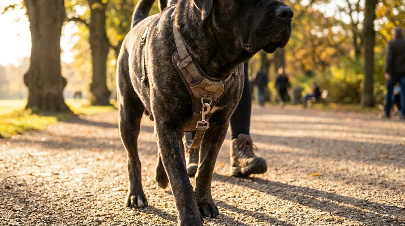 A large dog in a padded dual-clip harness walking beside its owner on a park path, leash attached at the chest.