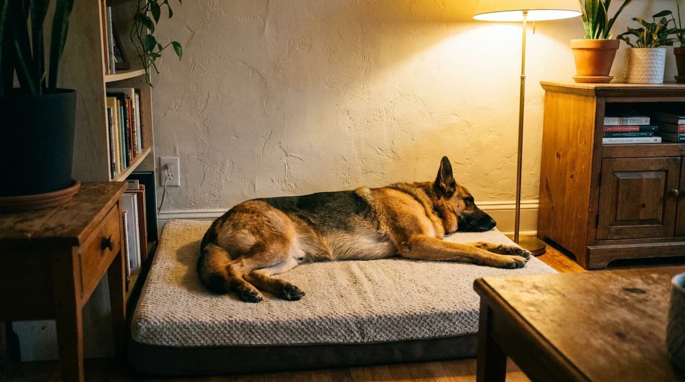 A German Shepherd stretched out flat on a thick foam orthopedic bed placed against a living room wall.