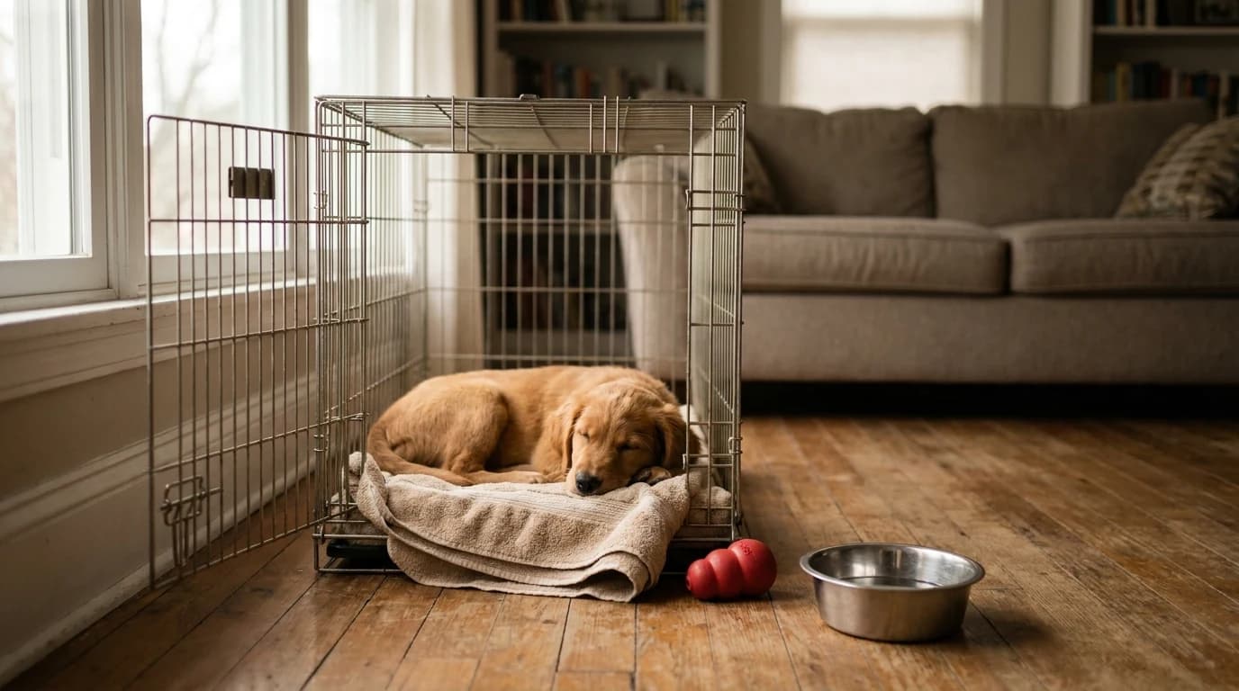 A young puppy lying calmly on a folded towel inside an open wire crate, with a rubber chew toy and a stainless steel bowl on the floor nearby.