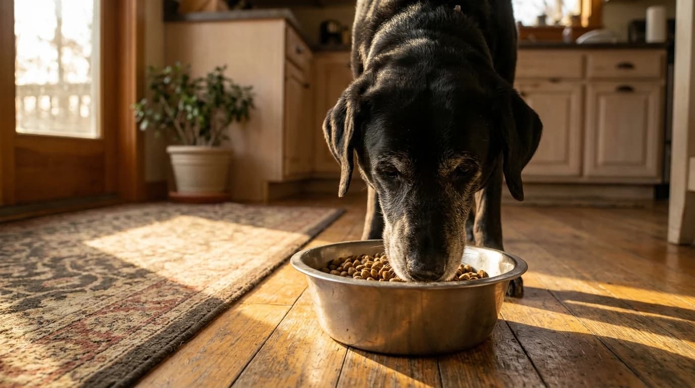 A grey-muzzled labrador eating dry kibble from a stainless steel bowl on a kitchen floor.