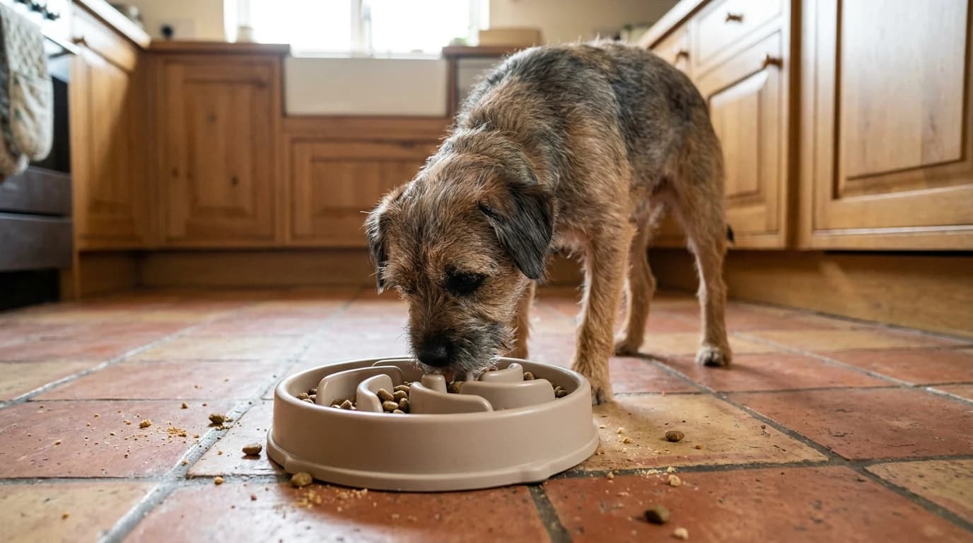 A medium-sized dog nosing kibble out of the raised maze ridges of a plastic slow feeder bowl on a tiled kitchen floor.