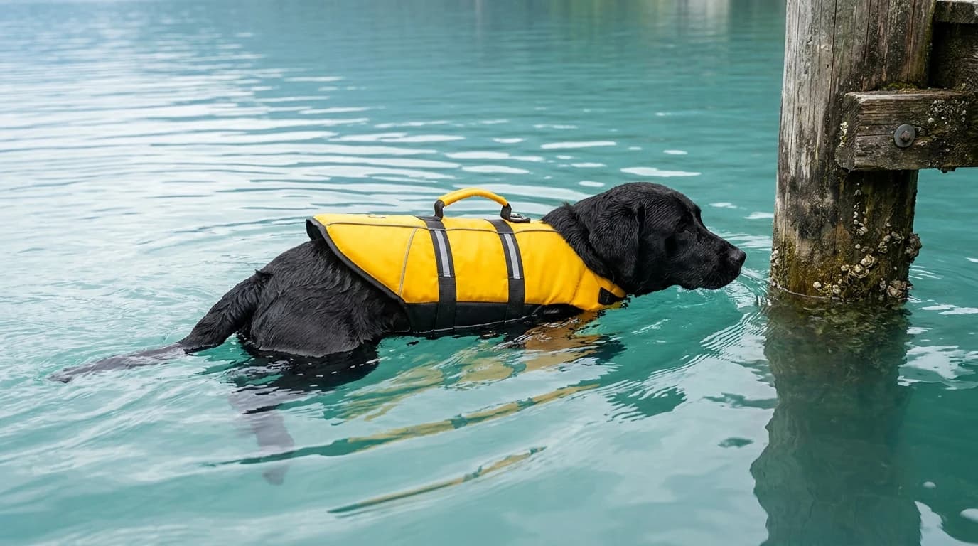 A dog in a bright life jacket floating level in clear water beside a wooden dock.