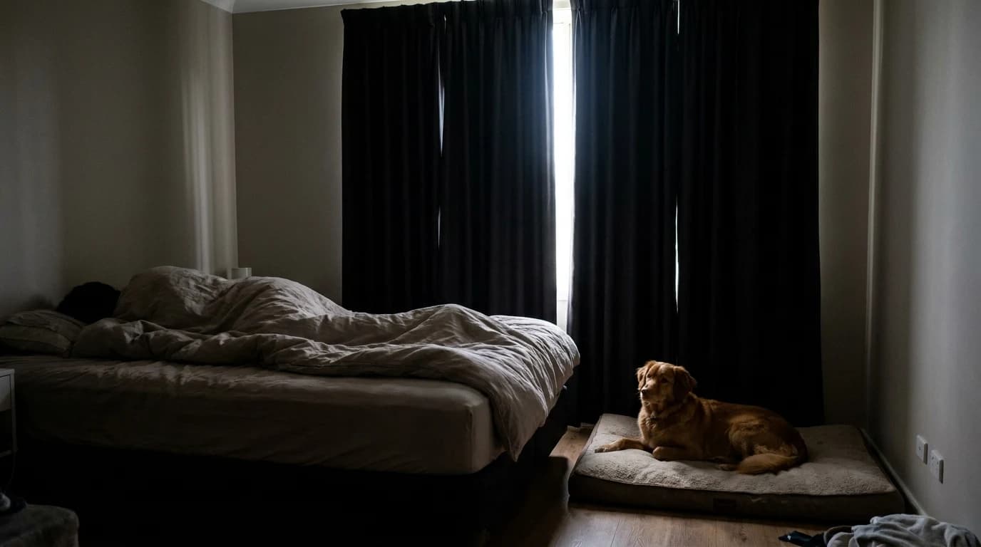 A dog lying awake on its bed in a blacked-out bedroom during the day while its owner sleeps.