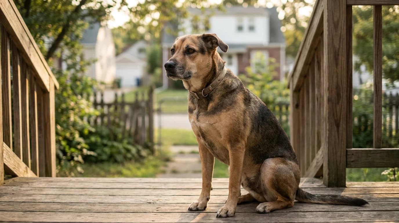 A mixed-breed dog of uncertain ancestry sitting calmly on a porch in afternoon light.