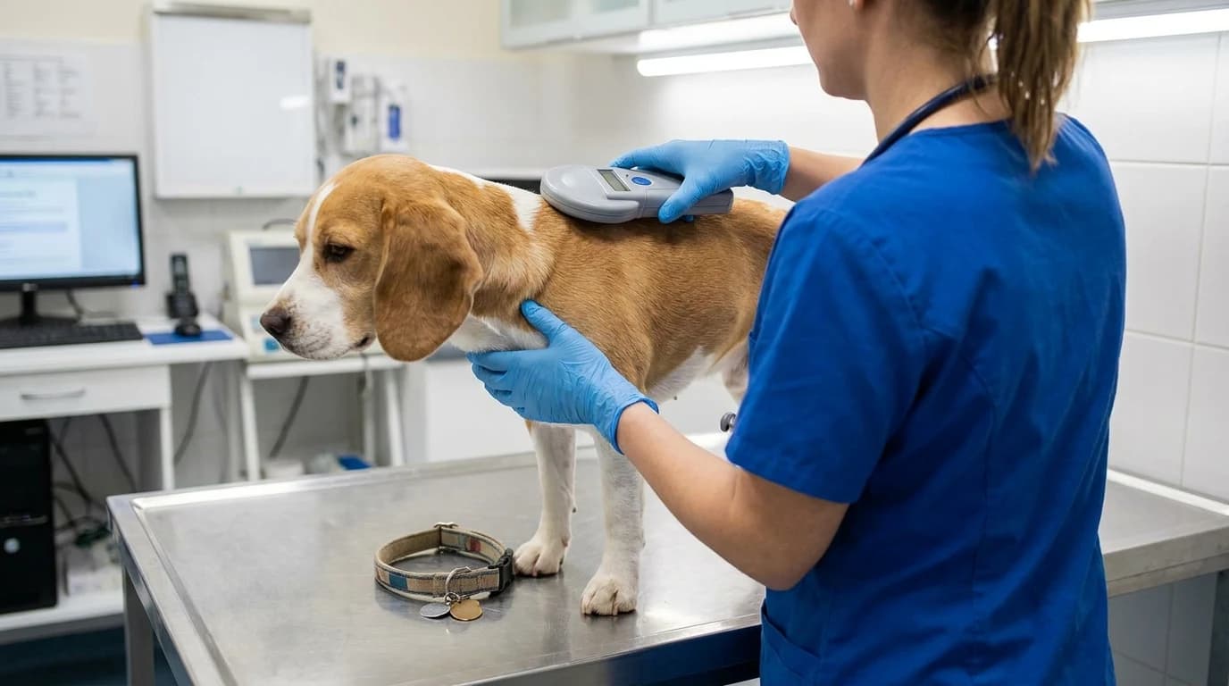 A veterinary technician sweeping a handheld universal scanner across the shoulders of a calm dog standing on an exam table, the dog's collar removed and set down beside it.