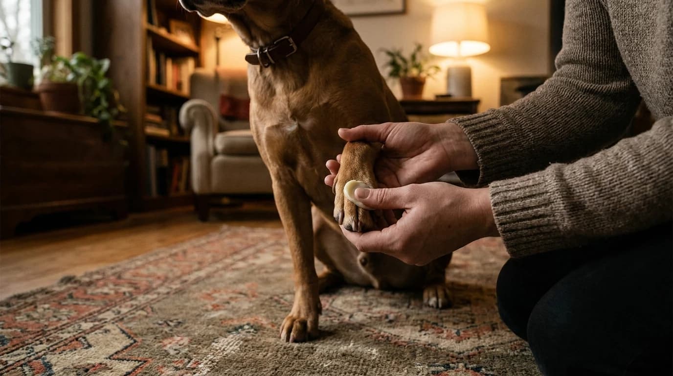 A person steadying a dog's front paw and working balm into the pads with a thumb, on a rug in soft indoor light.