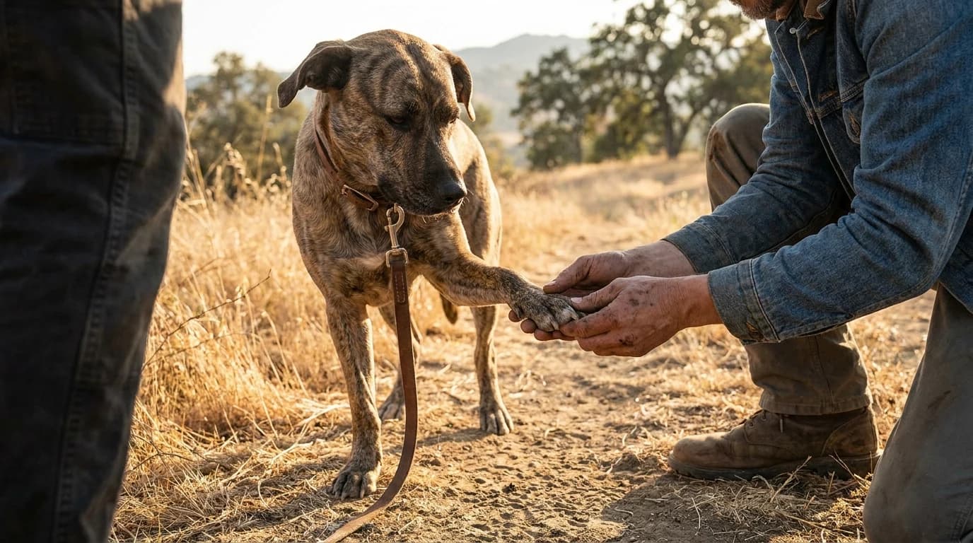 A person crouching on a dry late-summer trail, holding a dog's front paw to inspect the pads and the webbing between the toes, with golden dried grass on both sides of the path.
