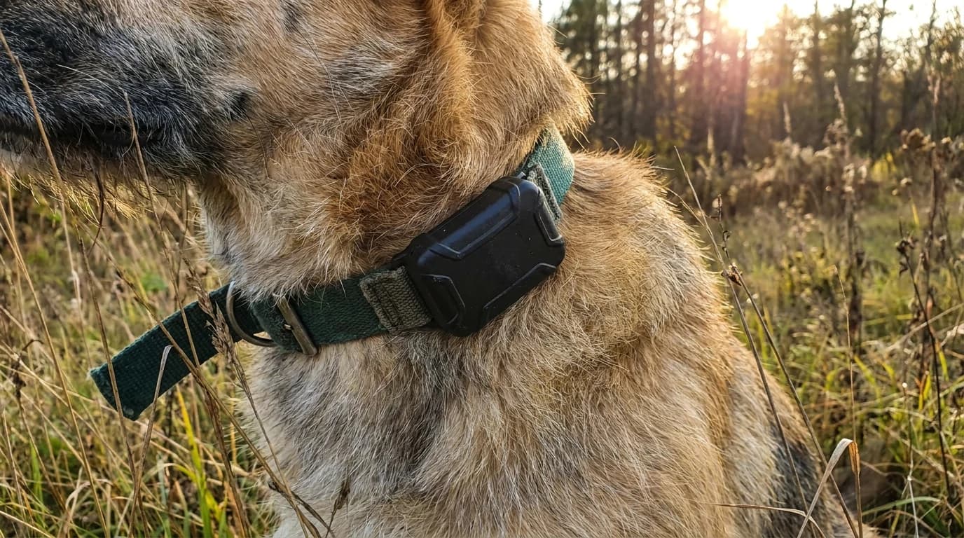 A chunky tracker module clipped to a nylon dog collar on the neck of a shepherd mix standing in tall grass at golden hour.