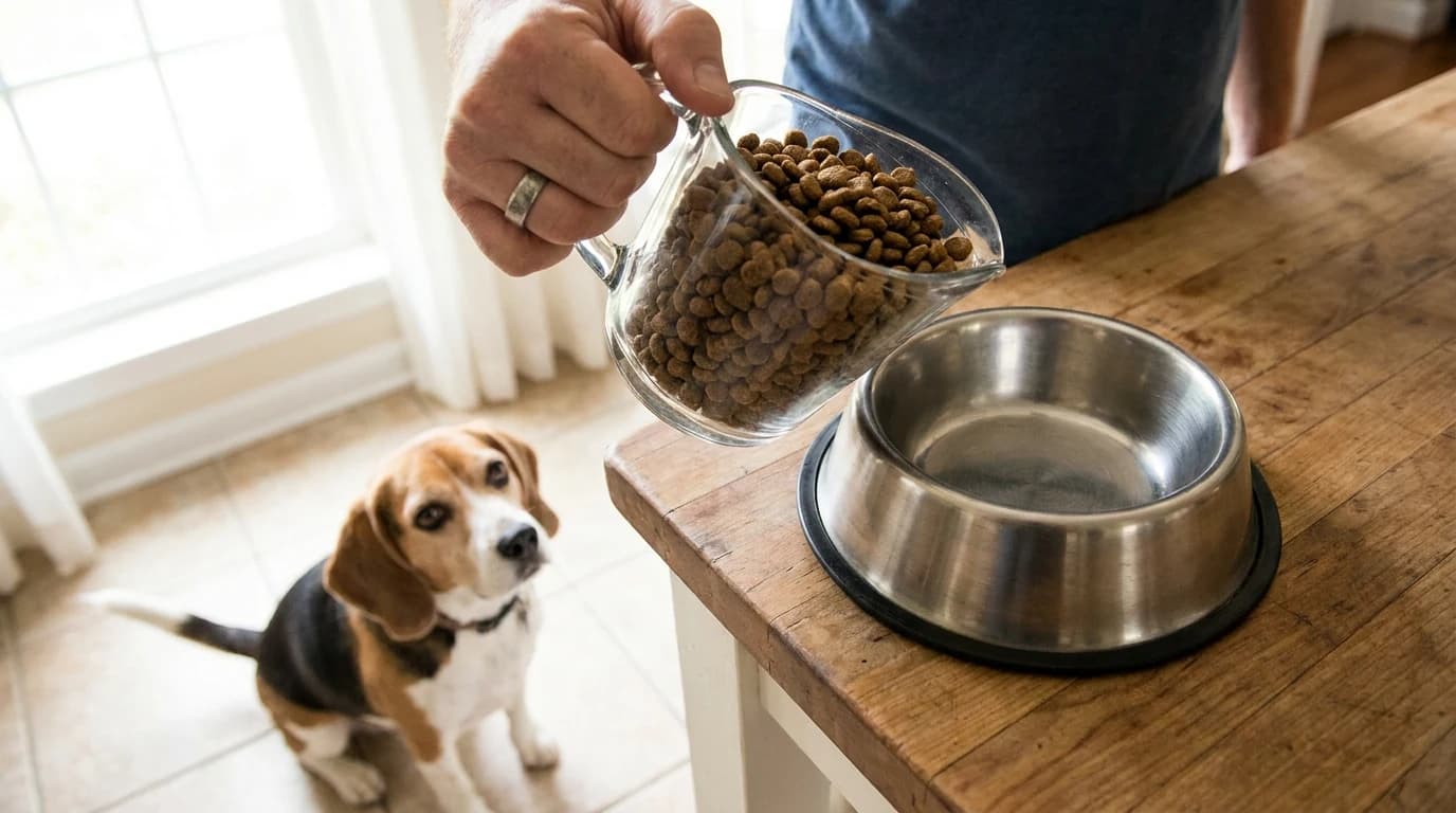 A measuring cup levelled with dry kibble held above a stainless steel dog bowl on a kitchen counter, with a beagle sitting expectantly below.