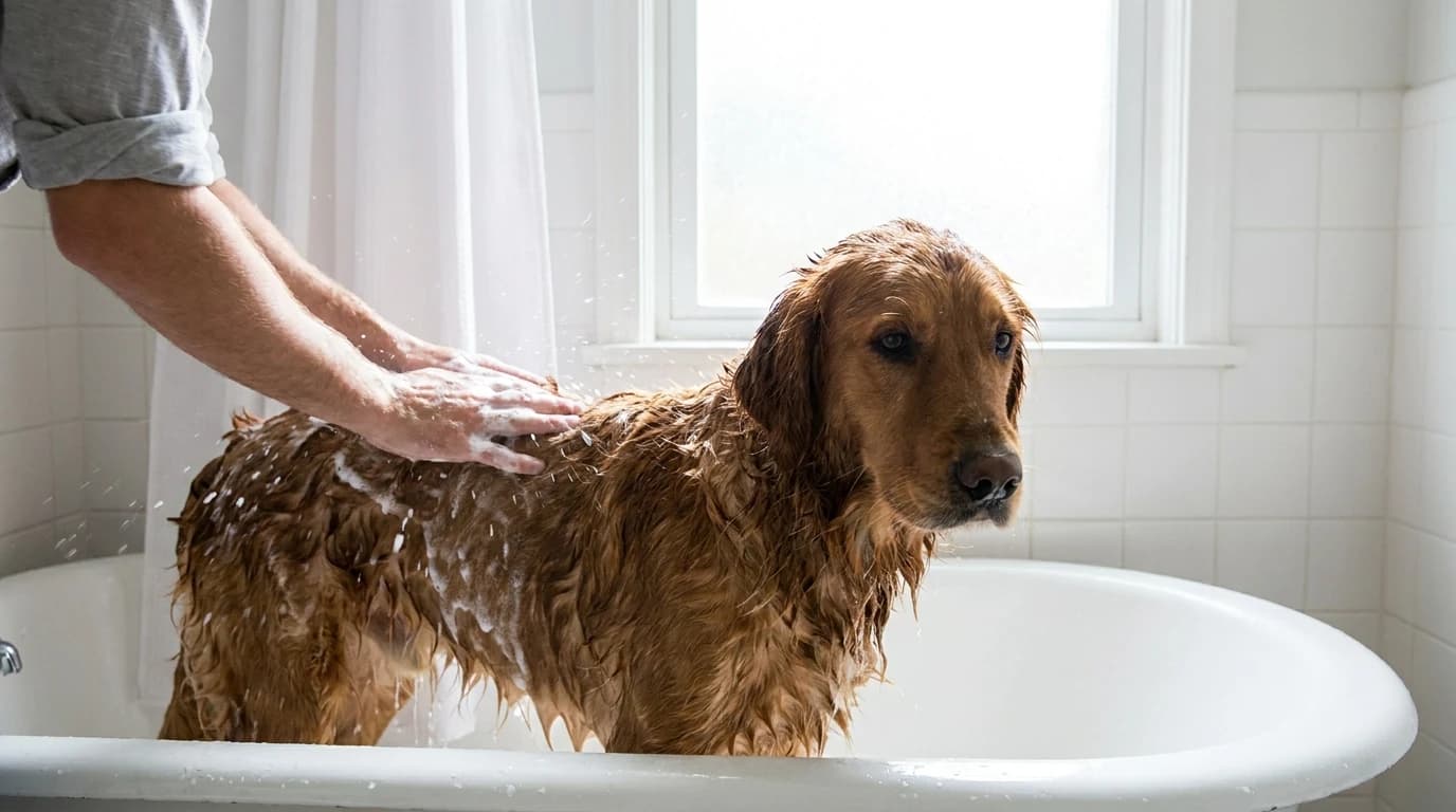 A wet golden retriever standing in a bathtub being lathered with shampoo by a person's hands.