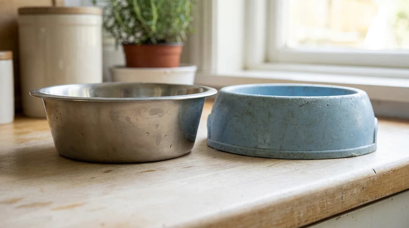 Two empty dog bowls side by side on a kitchen counter, one brushed stainless steel and one scratched pale plastic.