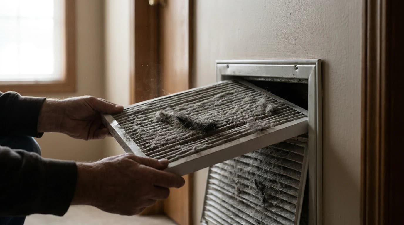 Hands sliding a dust-loaded pleated filter out of a home HVAC return vent, its pleats matted with grey dust and pet hair.