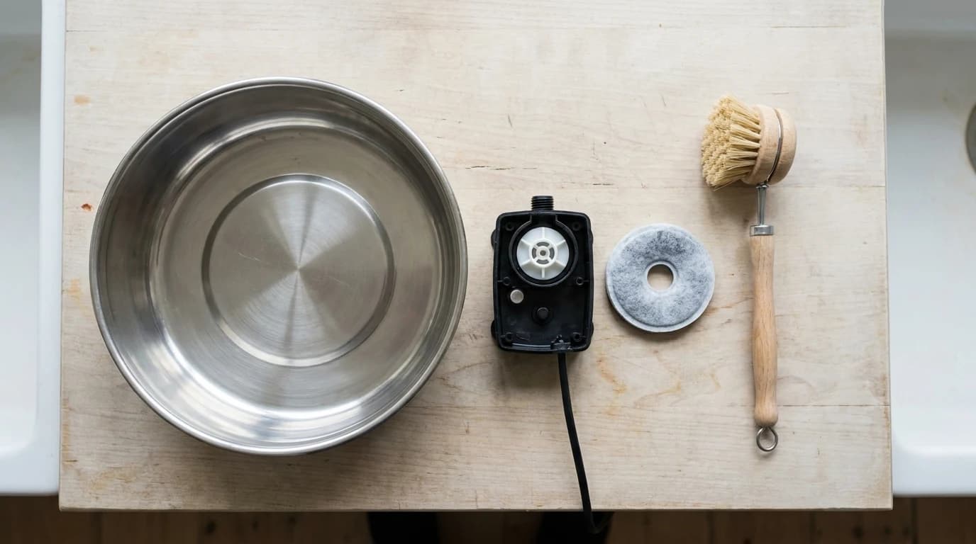 A stainless steel pet fountain disassembled on a kitchen counter, pump housing and impeller separated beside a washing-up brush.