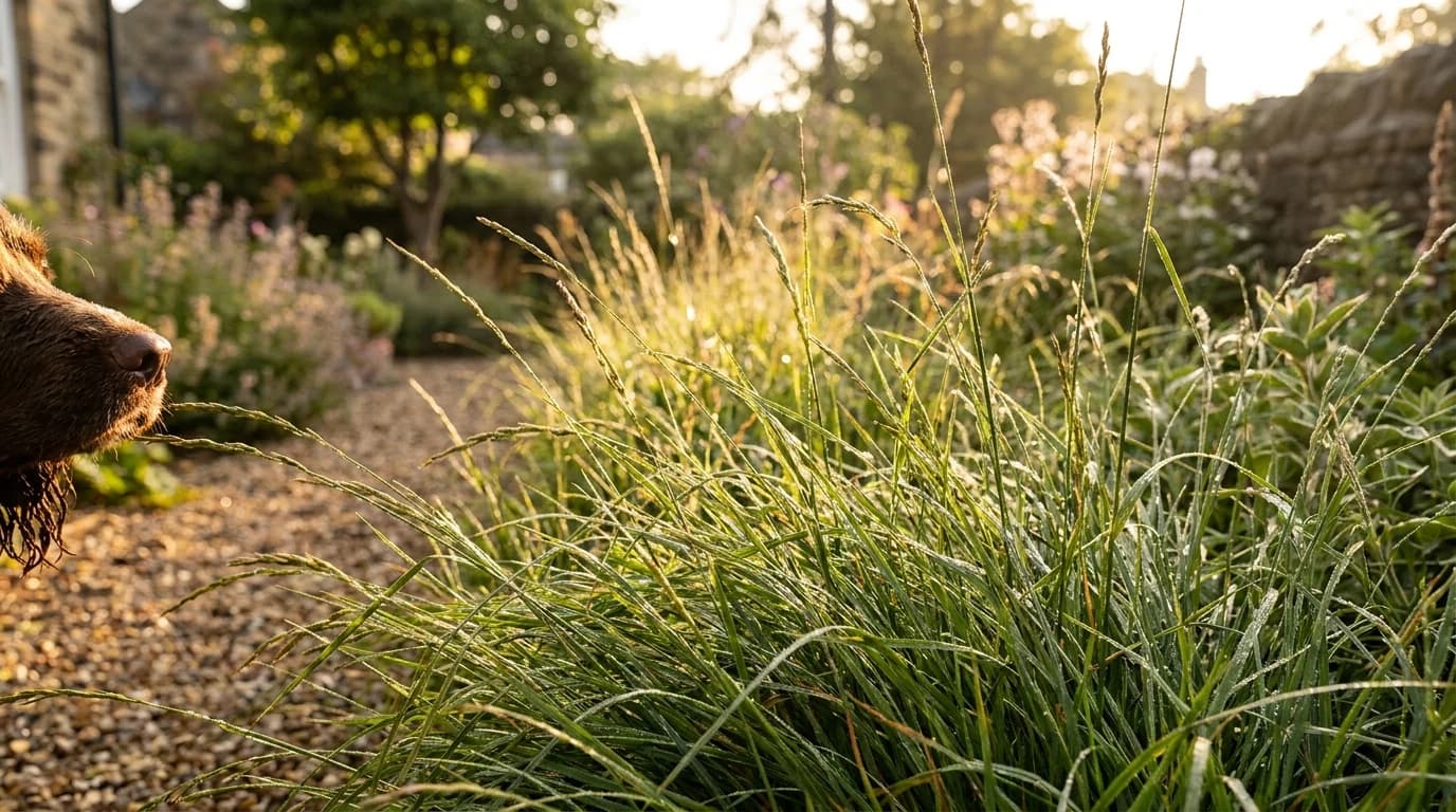 A dog grazing on a patch of long grass in low morning light beside a garden path.