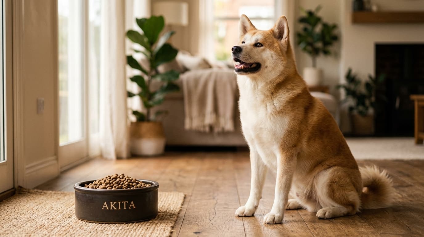 Akita wearing recommended dog gear, demonstrating proper harness or collar fit for the breed