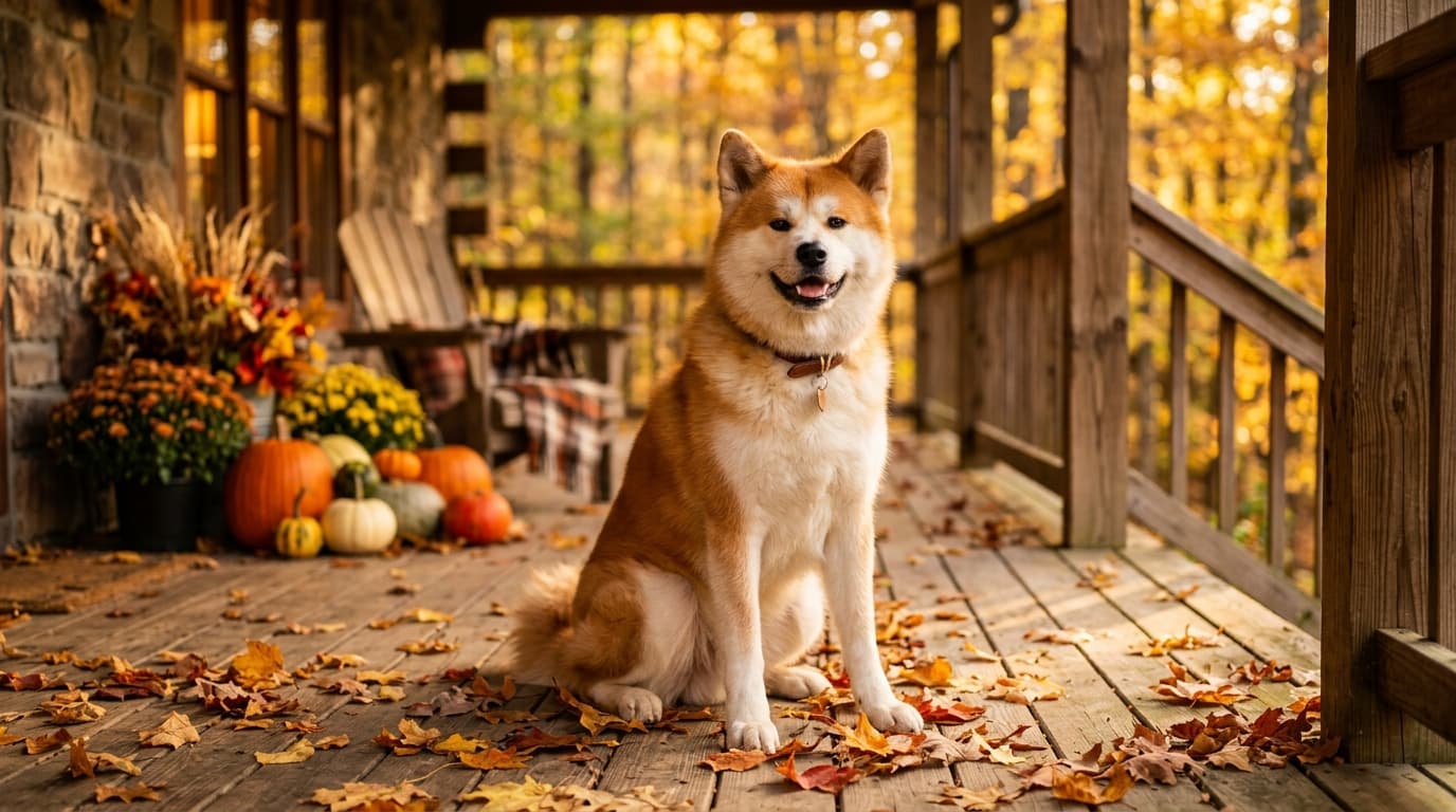 Akita in a natural outdoor lifestyle setting, illustrating typical breed energy level and body shape