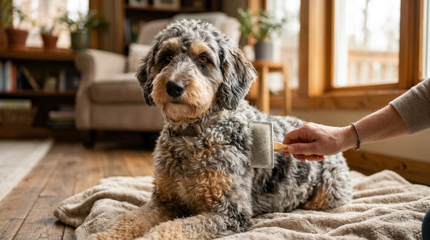 Aussiedoodle wearing recommended dog gear, demonstrating proper harness or collar fit for the breed