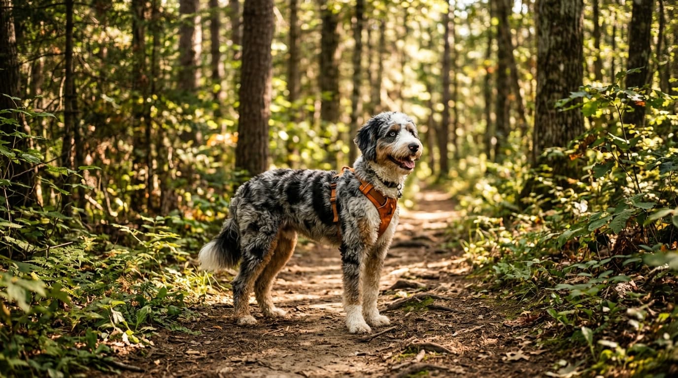 Aussiedoodle in a natural outdoor lifestyle setting, illustrating typical breed energy level and body shape
