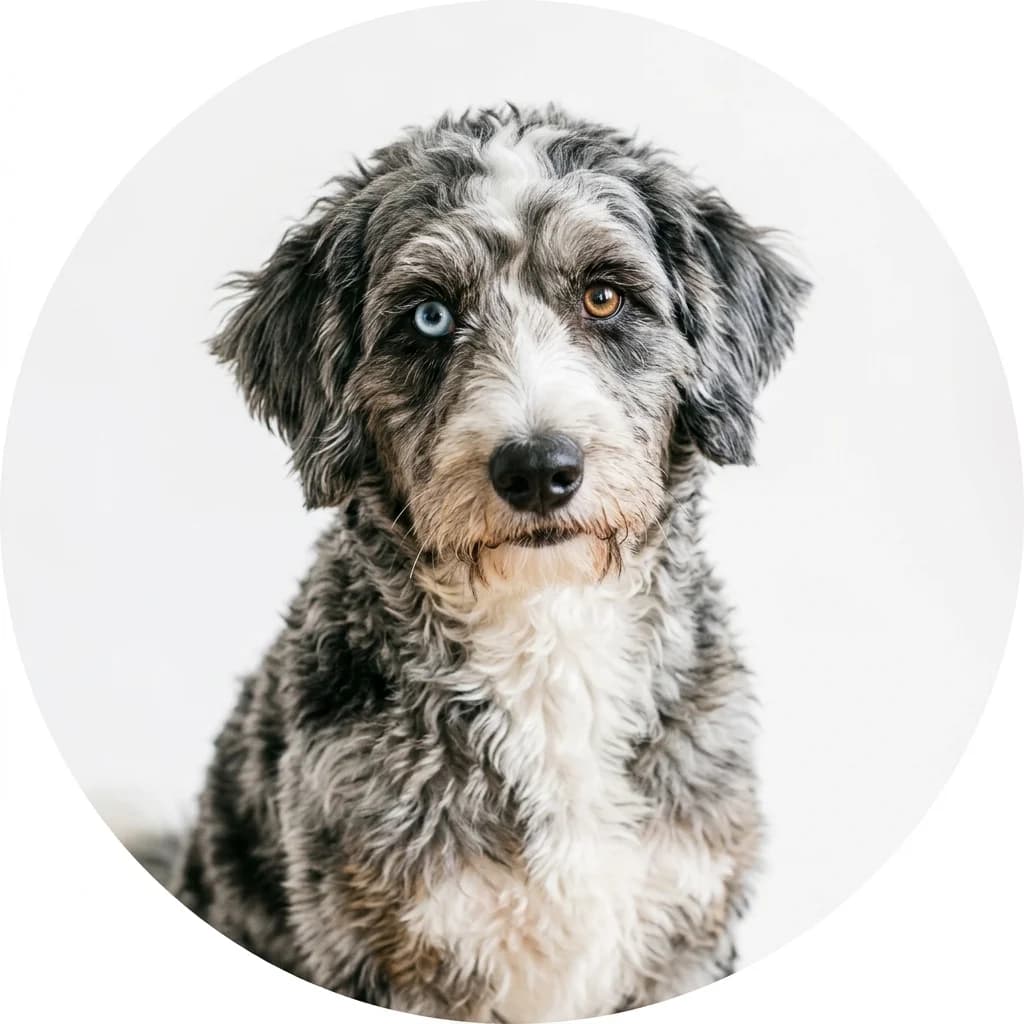 Aussiedoodle dog — studio head-and-shoulders portrait showing typical coat color and facial features