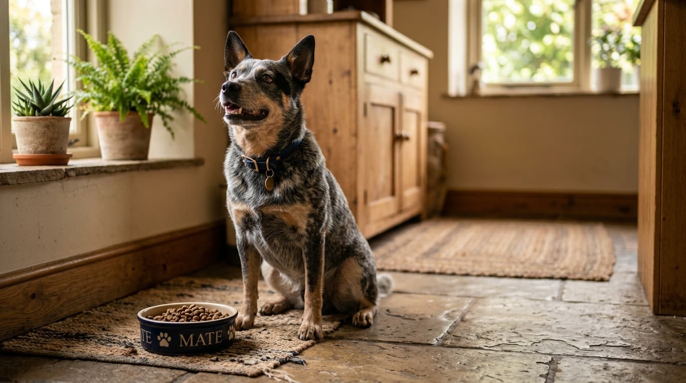 Australian Cattle Dog wearing recommended dog gear, demonstrating proper harness or collar fit for the breed