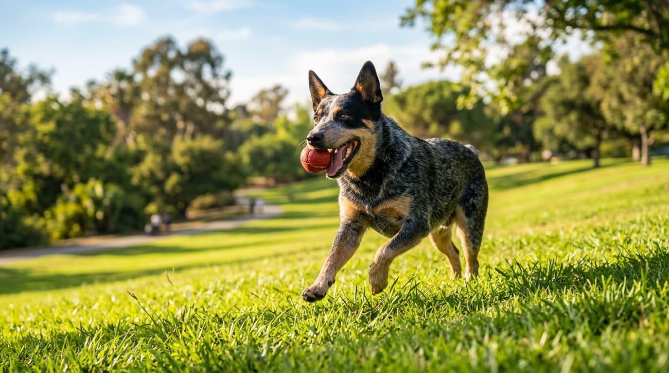 Australian Cattle Dog in a natural outdoor lifestyle setting, illustrating typical breed energy level and body shape