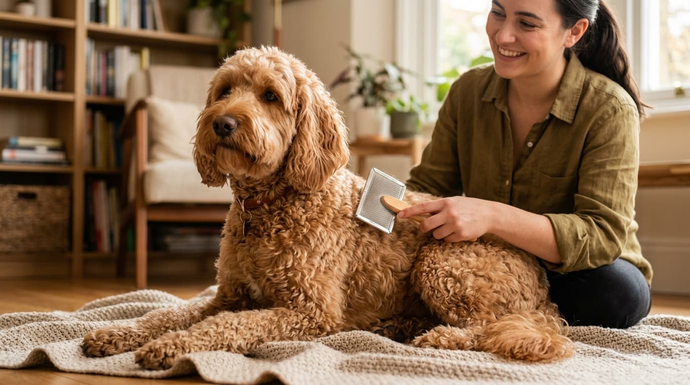 Australian Labradoodle wearing recommended dog gear, demonstrating proper harness or collar fit for the breed