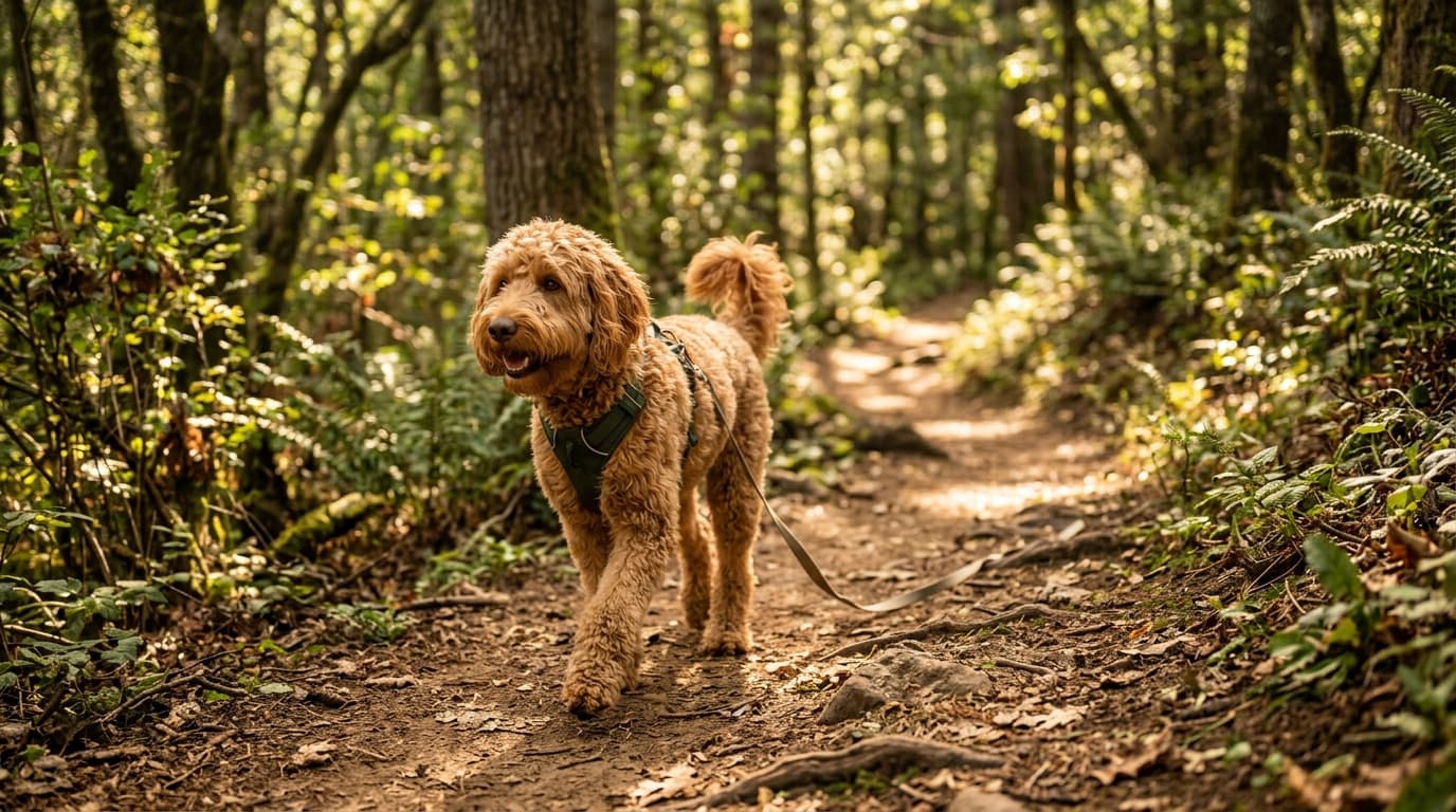 Australian Labradoodle in a natural outdoor lifestyle setting, illustrating typical breed energy level and body shape
