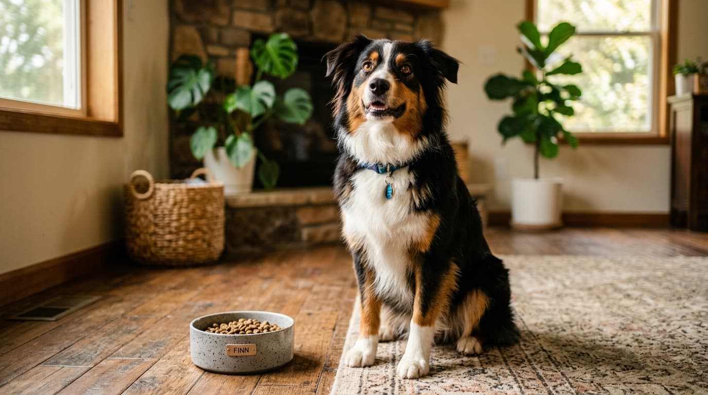 Australian Shepherd wearing recommended dog gear, demonstrating proper harness or collar fit for the breed
