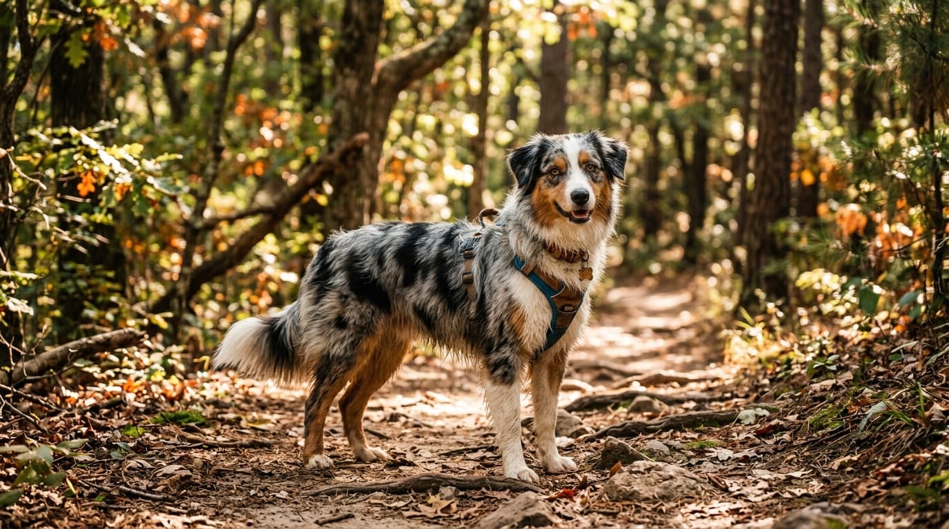 Australian Shepherd in a natural outdoor lifestyle setting, illustrating typical breed energy level and body shape