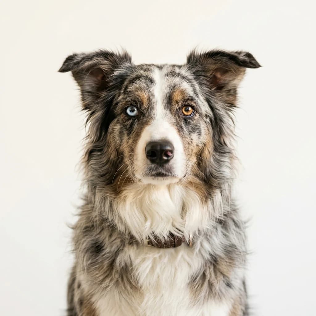 Australian Shepherd dog — studio head-and-shoulders portrait showing typical coat color and facial features