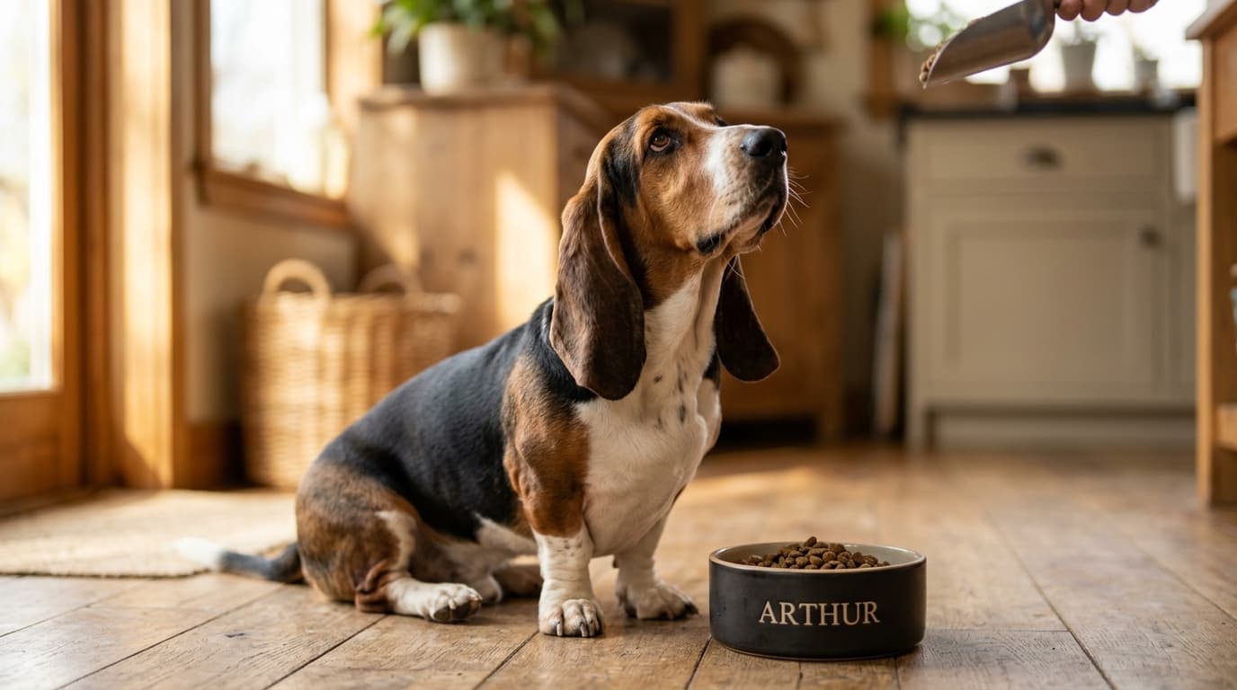 Basset Hound wearing recommended dog gear, demonstrating proper harness or collar fit for the breed