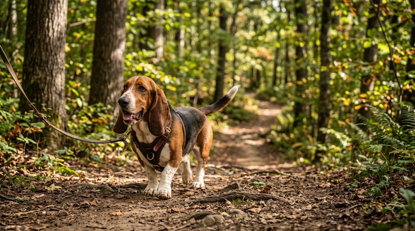 Basset Hound in a natural outdoor lifestyle setting, illustrating typical breed energy level and body shape