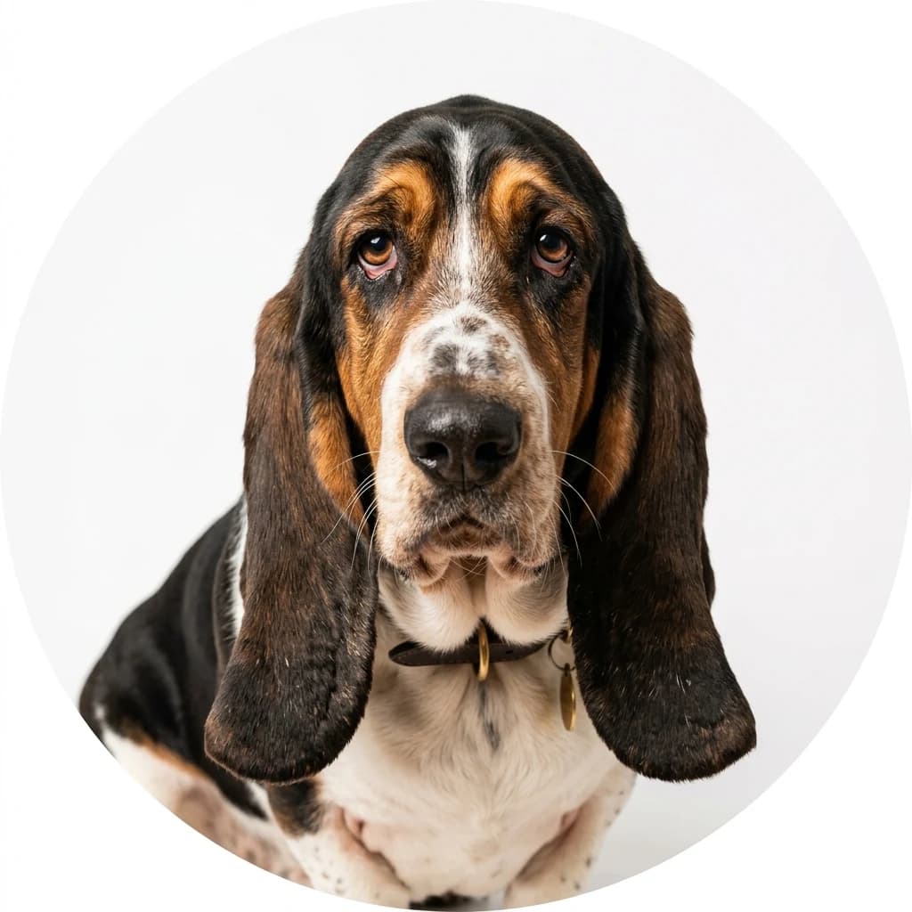 Basset Hound dog — studio head-and-shoulders portrait showing typical coat color and facial features