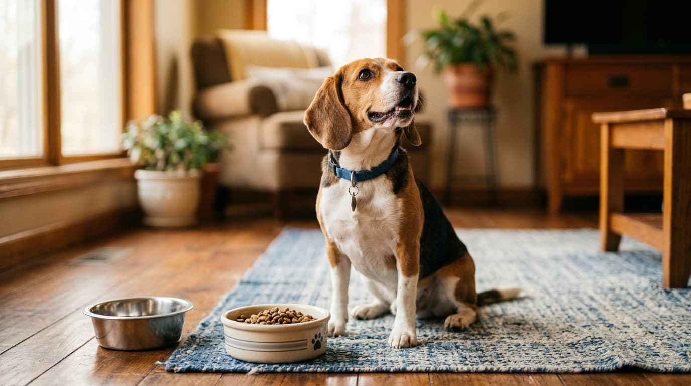 Beagle wearing recommended dog gear, demonstrating proper harness or collar fit for the breed