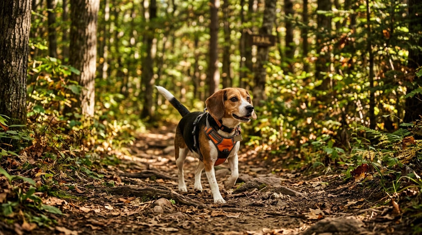 Beagle in a natural outdoor lifestyle setting, illustrating typical breed energy level and body shape