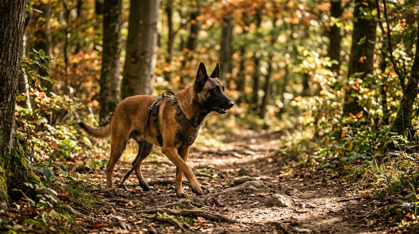 Belgian Malinois in a natural outdoor lifestyle setting, illustrating typical breed energy level and body shape